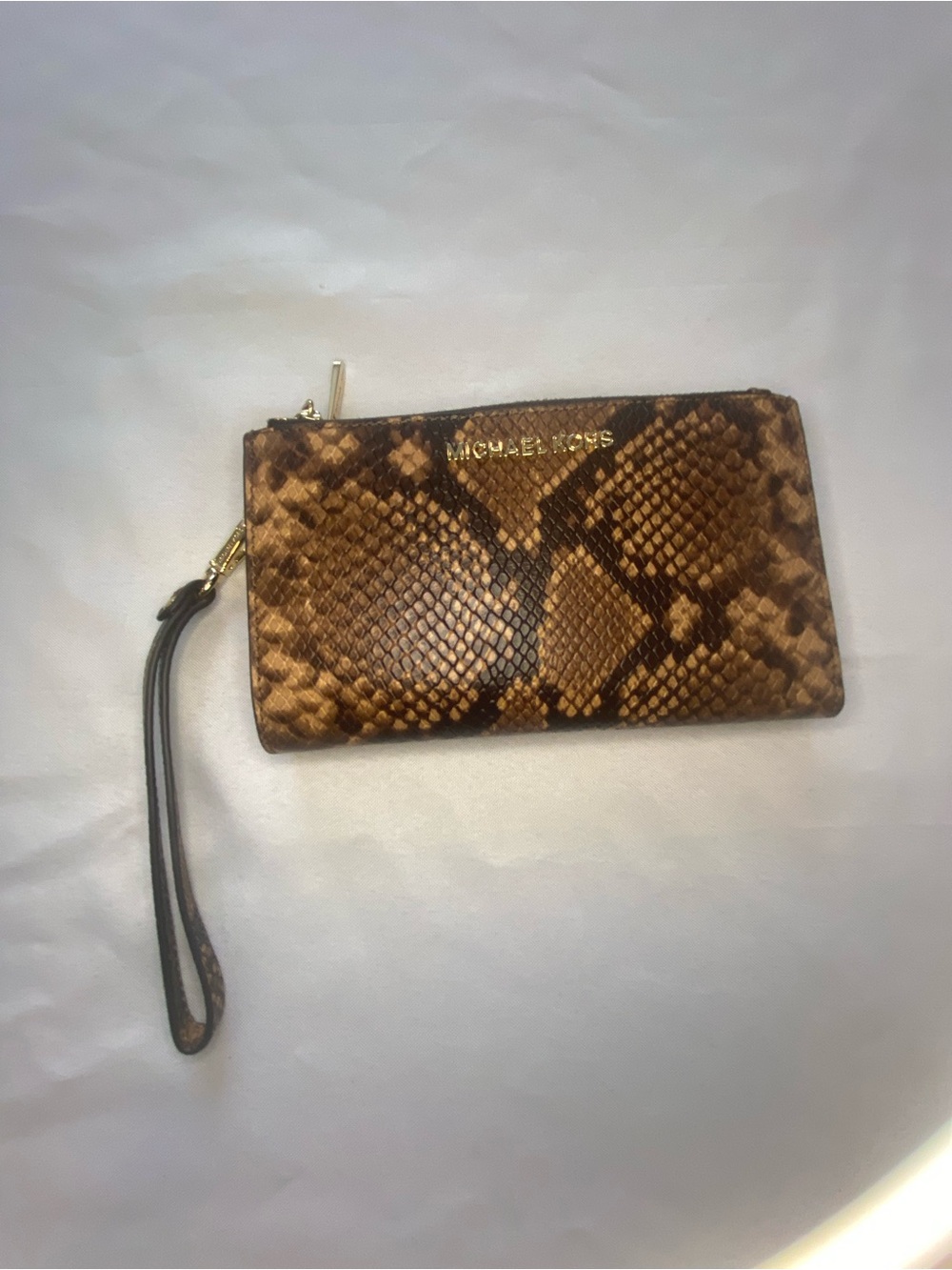 Michael Kors Brown Snake-Print Wristlet Clutch with Gold Logo